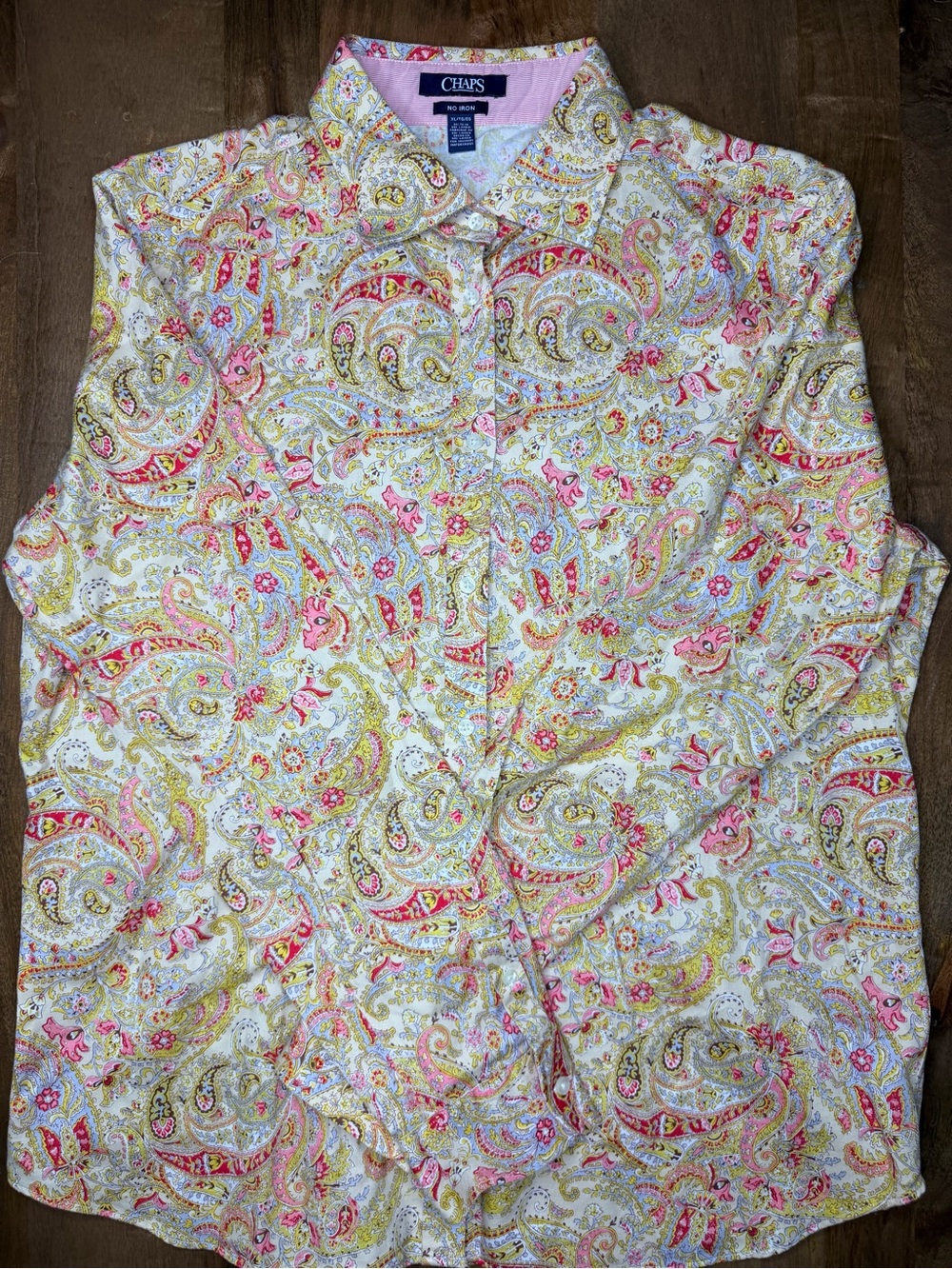 Chaps Women’s XL No Iron Paisley Button Down Shirt PinkYellow Floral Long Sleeve